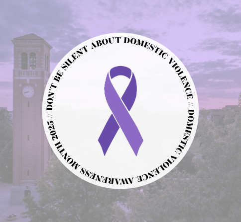 A photo UNI's campus tinted purple with a circular text box containing a purple ribbon and the caption "don't be silent about domestic violence // domestic violence awareness month 2025"