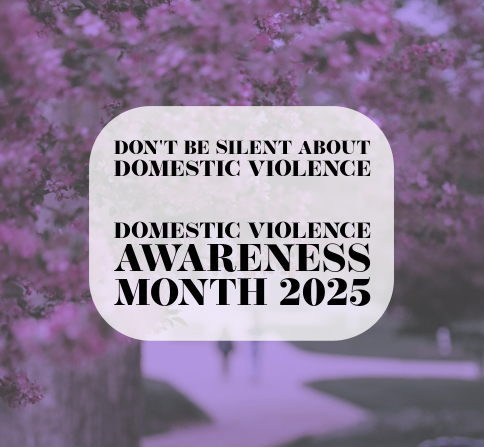 A photo UNI's campus tinted purple with a circular text box containing a purple ribbon and the caption "don't be silent about domestic violence // domestic violence awareness month 2025"