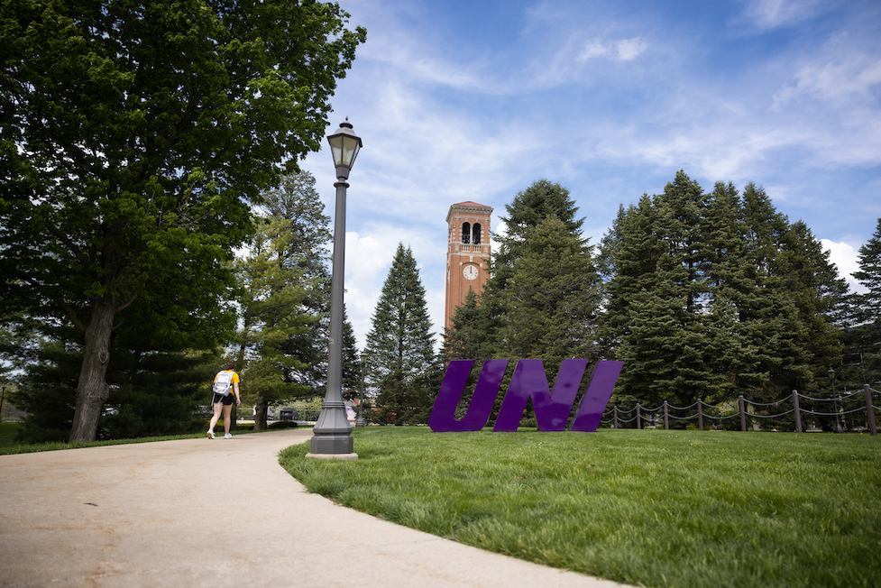 Campanile and purple UNI sign