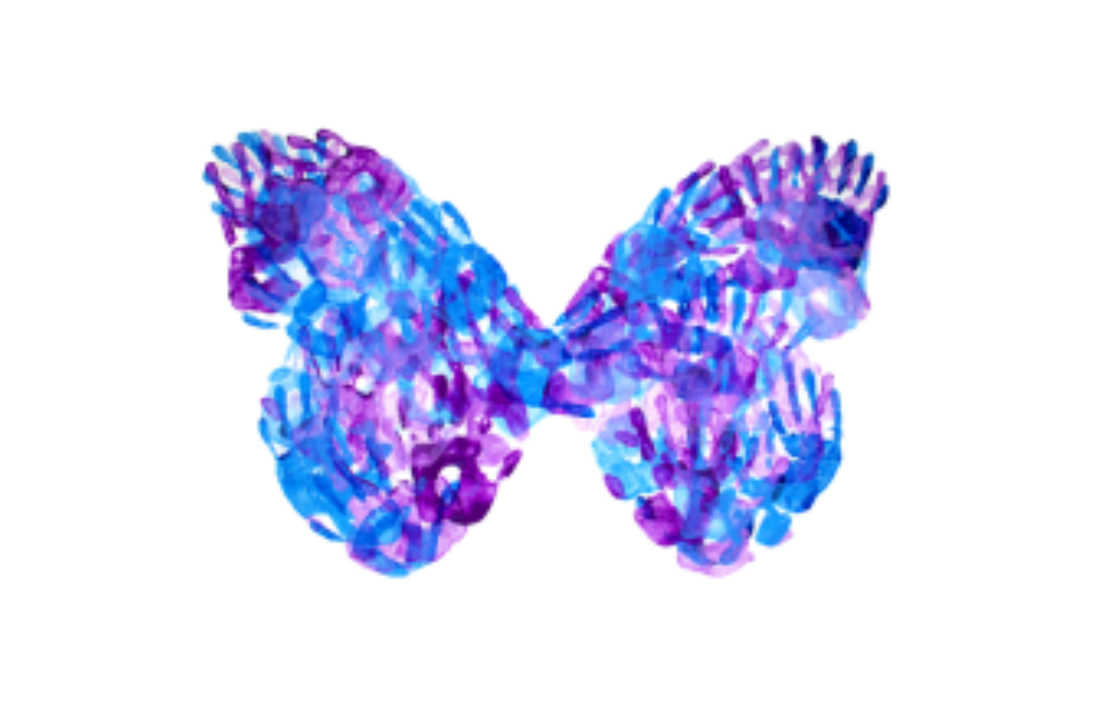 A butterfly made of blue and purple handprints